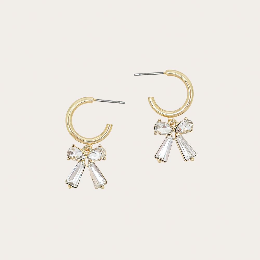 Gold Hoop Earrings with Clear Crystal Bow Charm