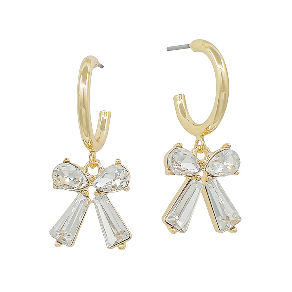 Gold Hoop Earrings with Clear Crystal Bow Charm