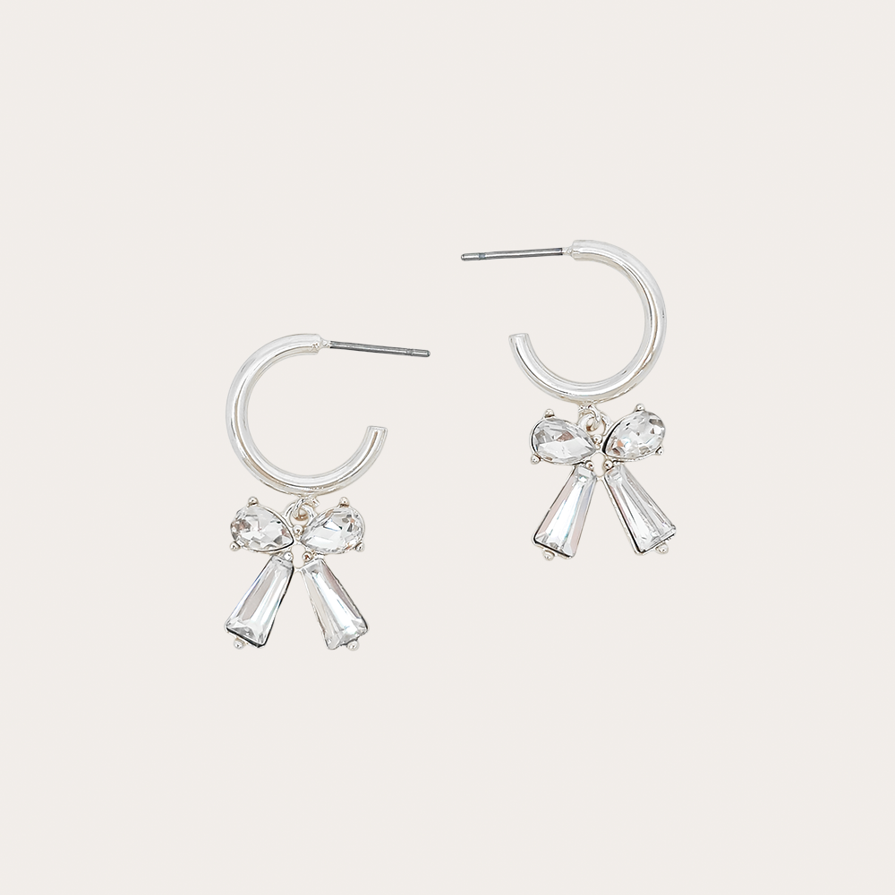 Gold Hoop Earrings with Clear Crystal Bow Charm
