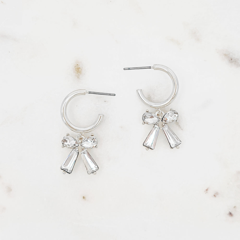 Gold Hoop Earrings with Clear Crystal Bow Charm