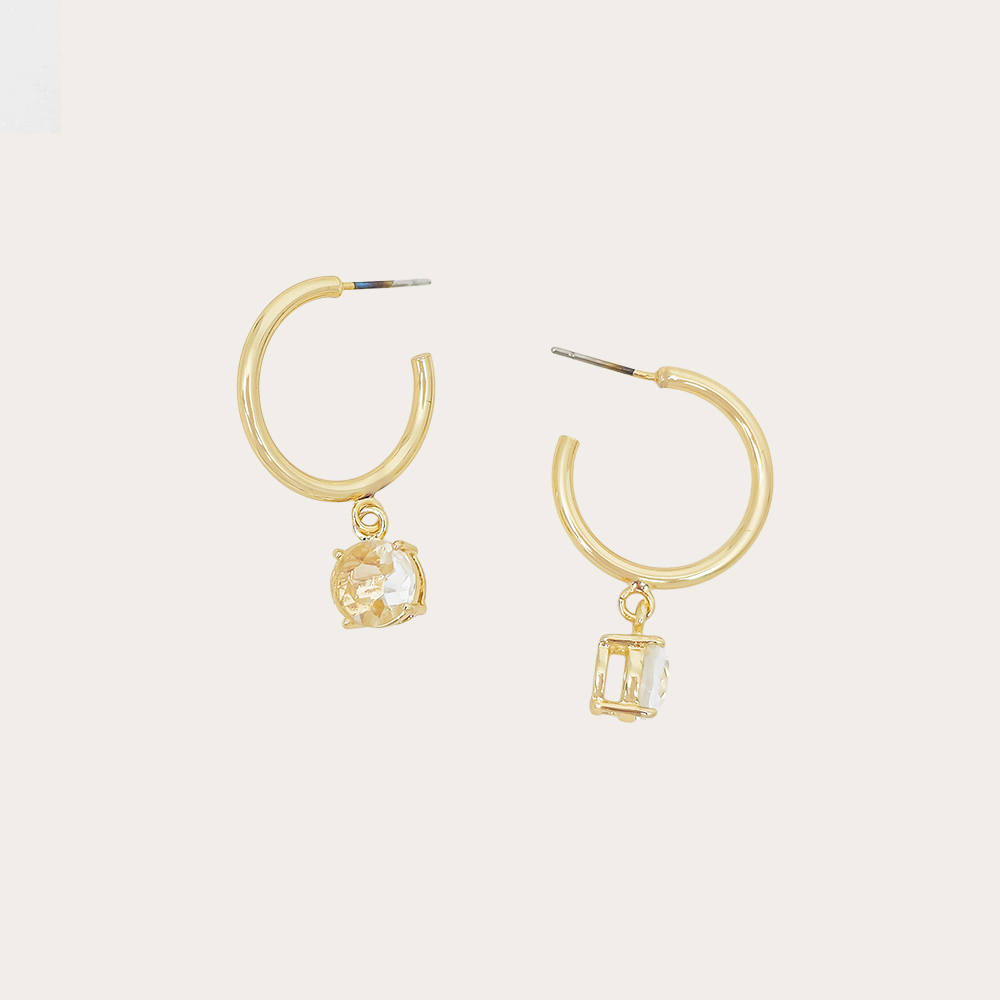Gold Hoop Earrings with Clear Crystal Dangle