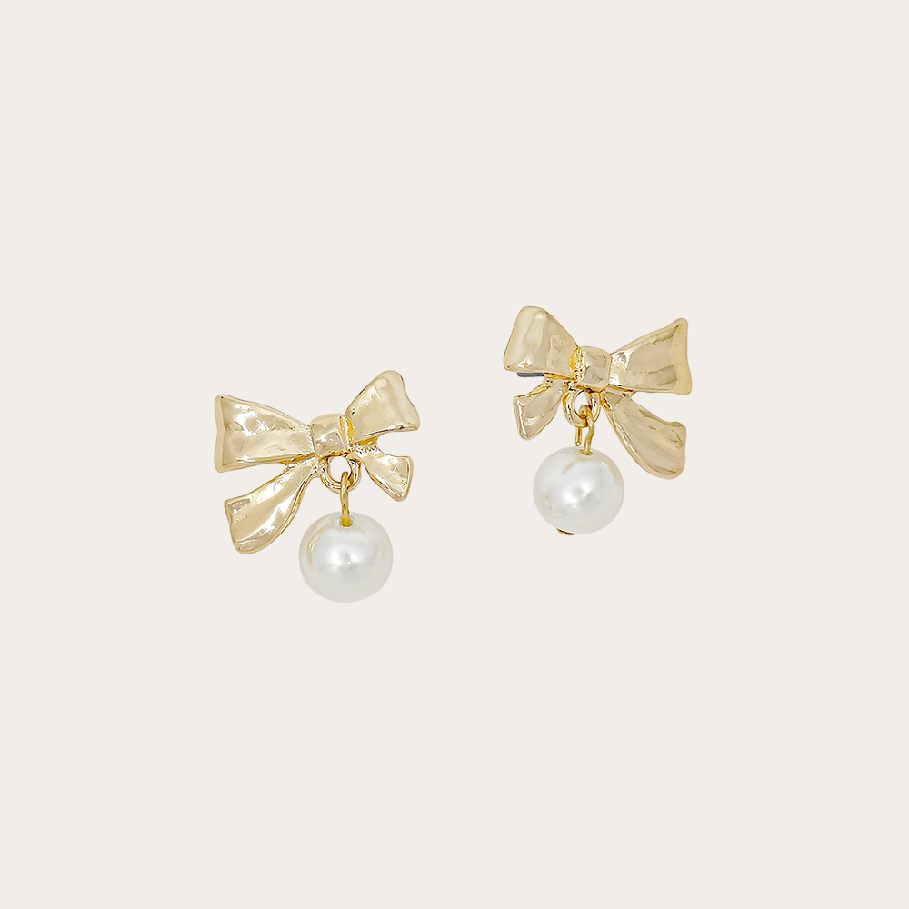 Bow Pearl Drop Stud Earrings – Gold & Silver-Tone Dainty Earrings