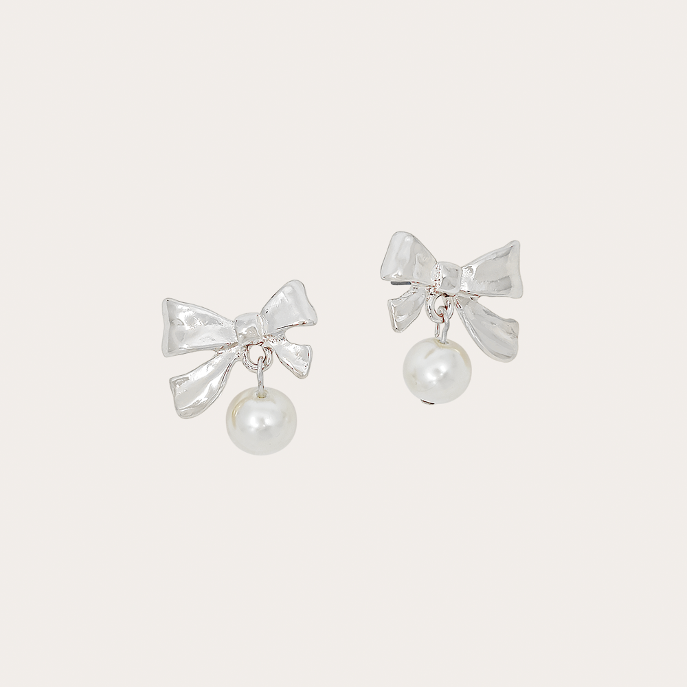 Bow Pearl Drop Stud Earrings – Gold & Silver-Tone Dainty Earrings