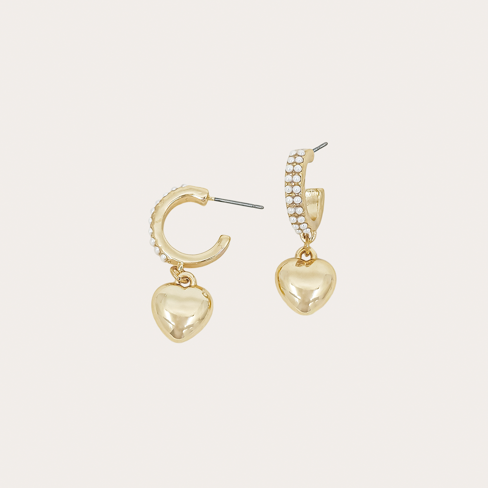 Pearl Heart Drop Hoop Earrings