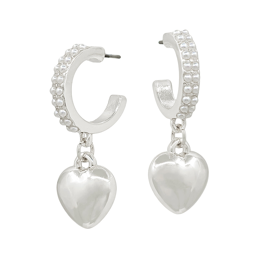Pearl Heart Drop Hoop Earrings