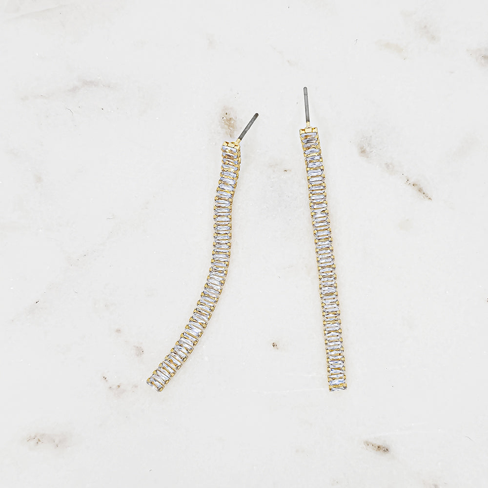 Long Baguette Crystal Stick Drop Earrings – Gold & Silver-Tone Sparkling Linear Design