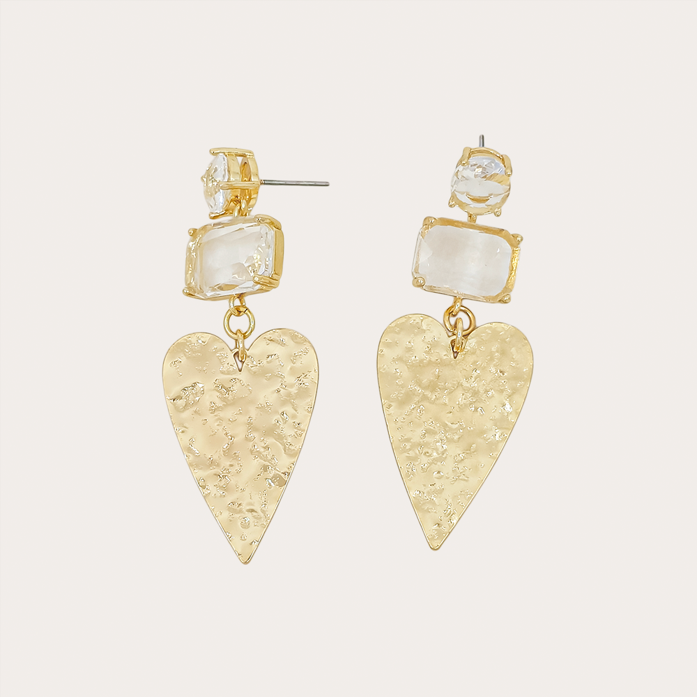 Hammered Heart Drop Earrings with Crystal Accents