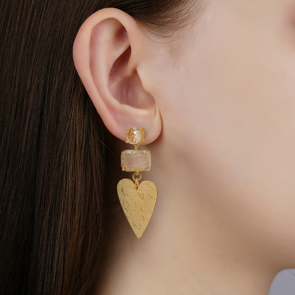 Hammered Heart Drop Earrings with Crystal Accents