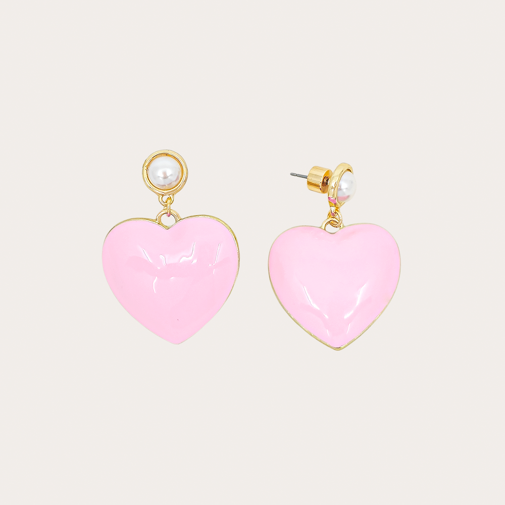 Puffy Heart Drop Earrings with Pearl Stud – Statement Dangle Earrings