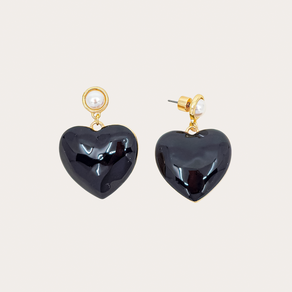 Puffy Heart Drop Earrings with Pearl Stud – Statement Dangle Earrings