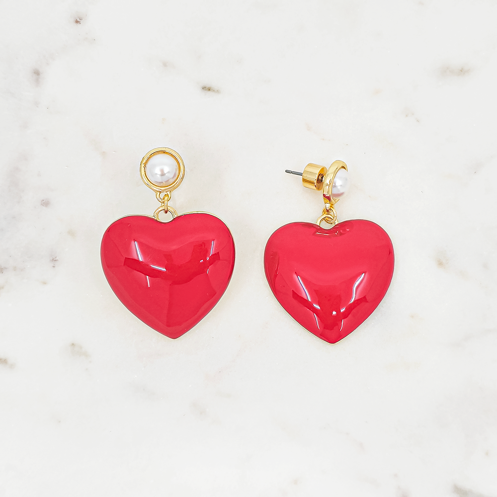 Puffy Heart Drop Earrings with Pearl Stud – Statement Dangle Earrings