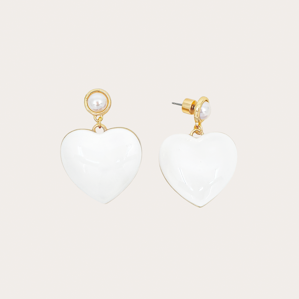 Puffy Heart Drop Earrings with Pearl Stud – Statement Dangle Earrings