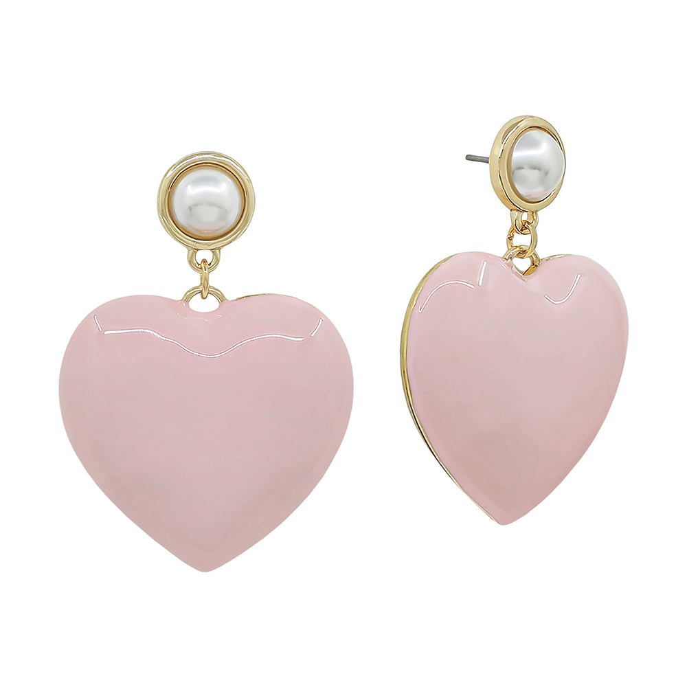 Puffy Heart Drop Earrings with Pearl Stud – Statement Dangle Earrings
