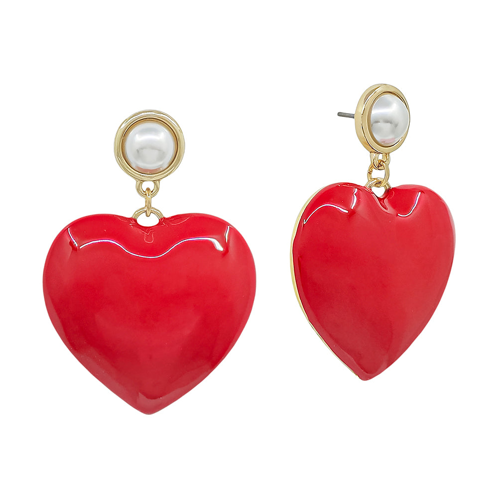 Puffy Heart Drop Earrings with Pearl Stud – Statement Dangle Earrings
