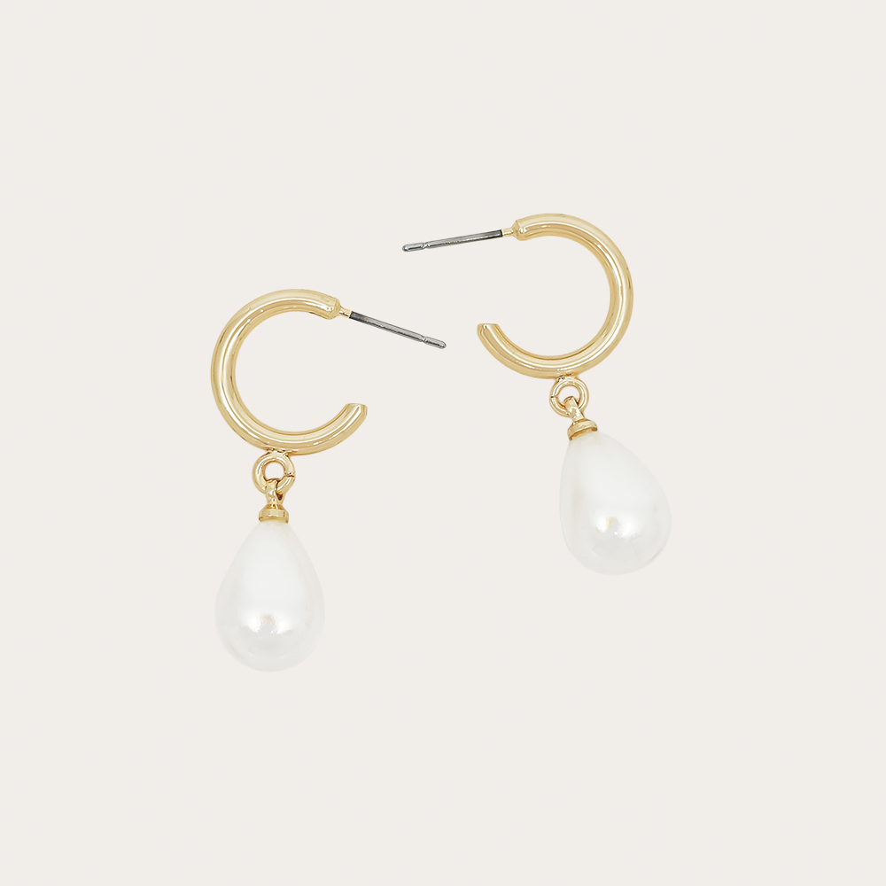 Gold Hoop Earrings with Pearl Teardrop Dangle