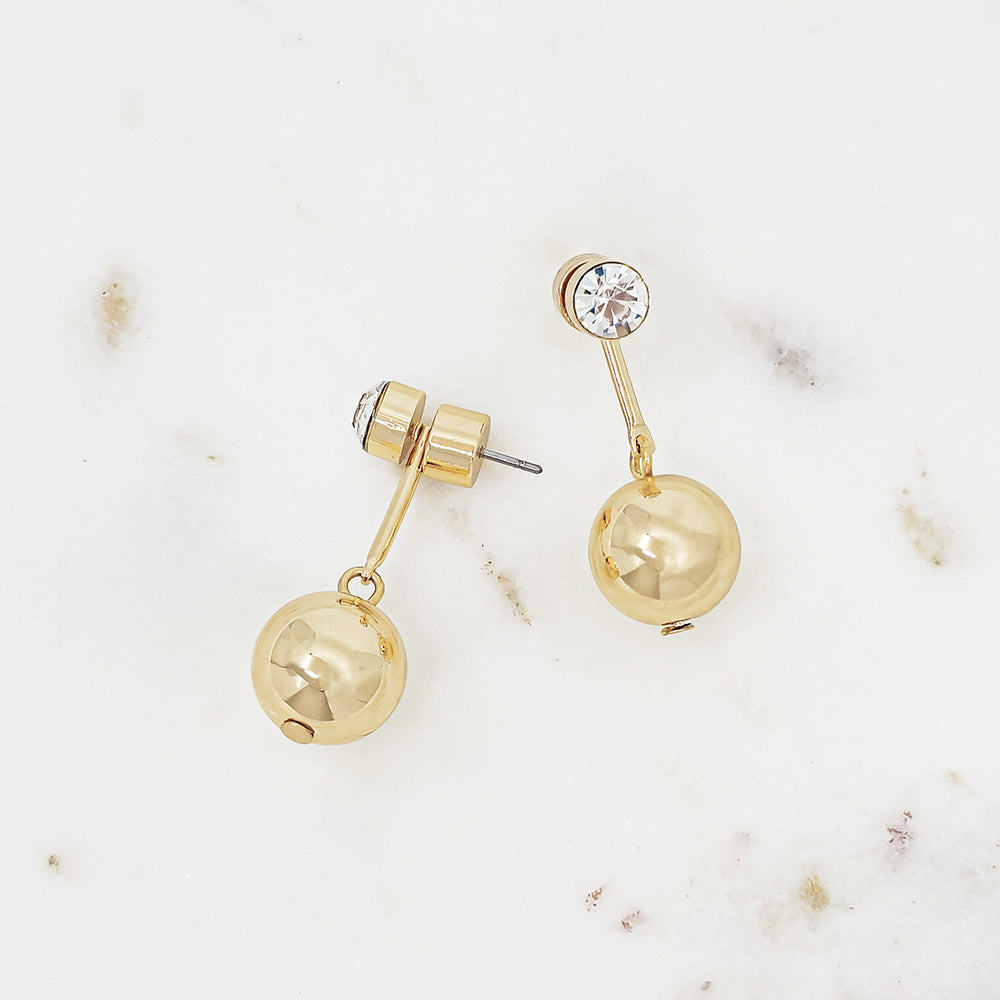 Gold Drop Earrings with Clear Crystal Stud and Polished Sphere Charm