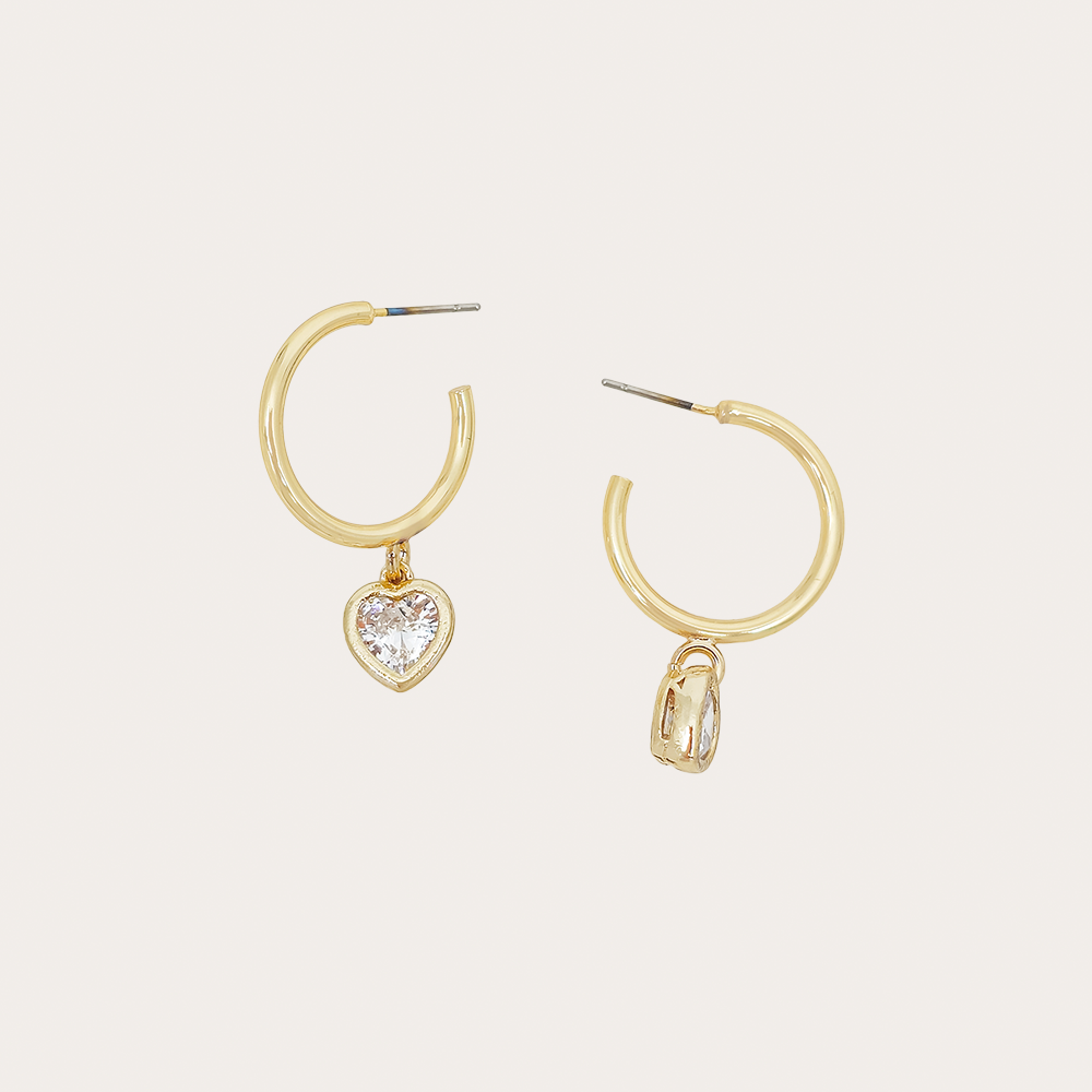 CZ Heart Charm Hoop Earrings, Gold & Silver Crystal Drop Huggies, Dainty Valentine Jewelry