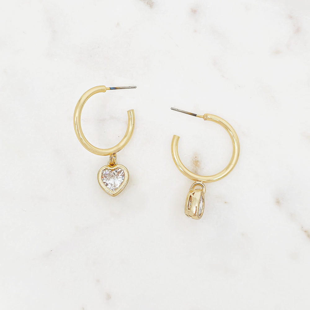 CZ Heart Charm Hoop Earrings, Gold & Silver Crystal Drop Huggies, Dainty Valentine Jewelry