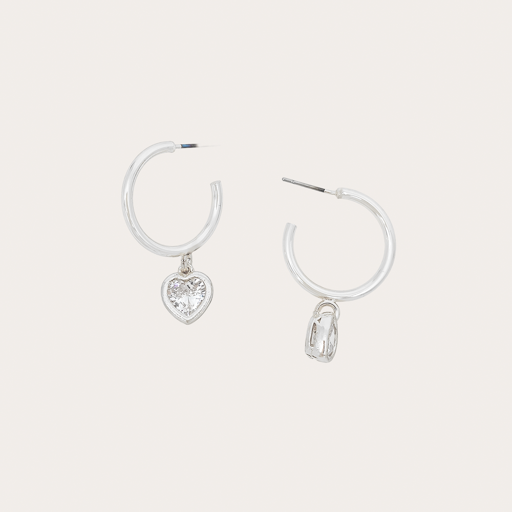CZ Heart Charm Hoop Earrings, Gold & Silver Crystal Drop Huggies, Dainty Valentine Jewelry