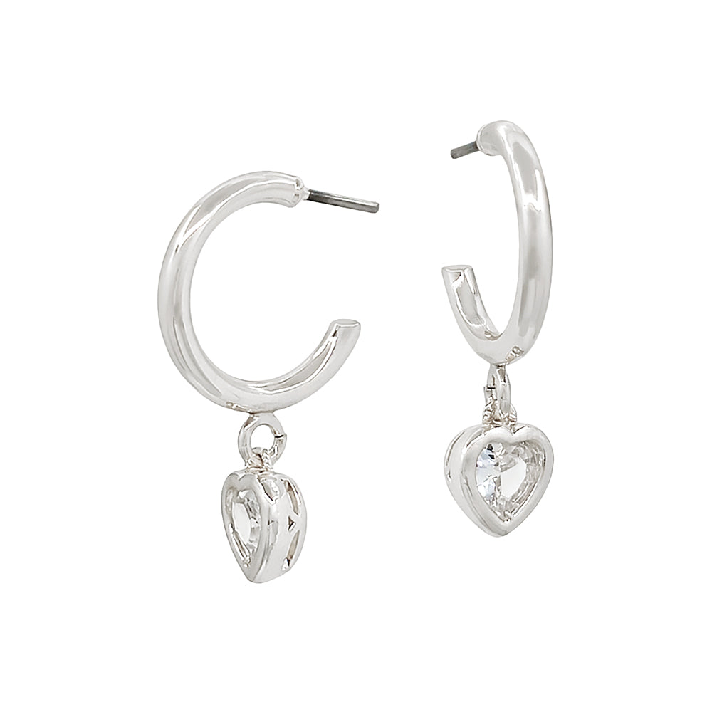 CZ Heart Charm Hoop Earrings, Gold & Silver Crystal Drop Huggies, Dainty Valentine Jewelry