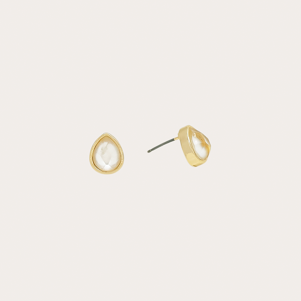 Gold Teardrop Stud Earrings with Clear Faceted Stone