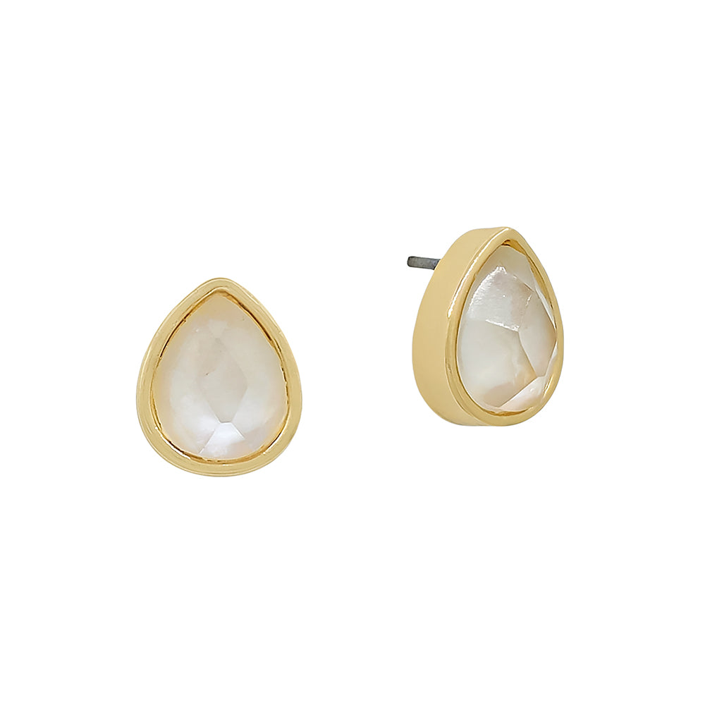 Gold Teardrop Stud Earrings with Clear Faceted Stone