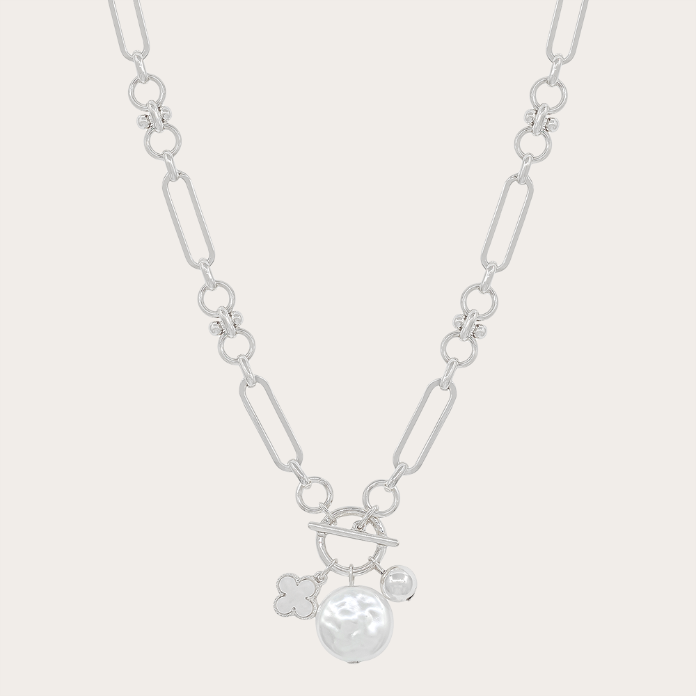 Pearl, Clover & Ball Accents Charm Toggle Chain Necklace,
