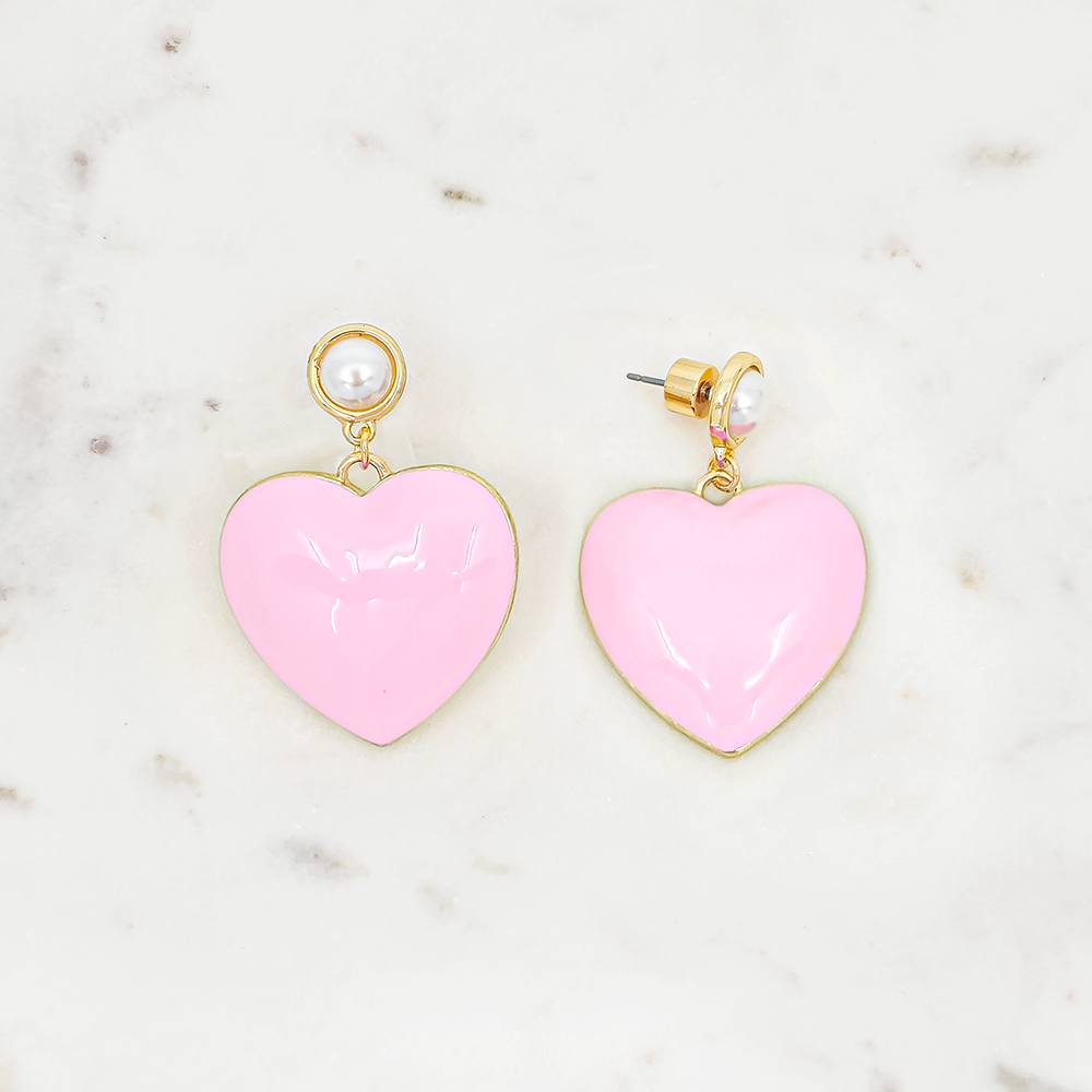 Puffy Heart Drop Earrings with Pearl Stud – Statement Dangle Earrings