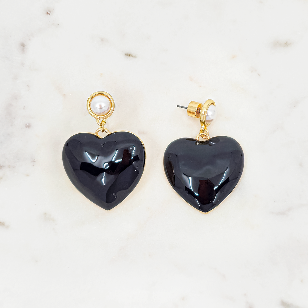 Puffy Heart Drop Earrings with Pearl Stud – Statement Dangle Earrings