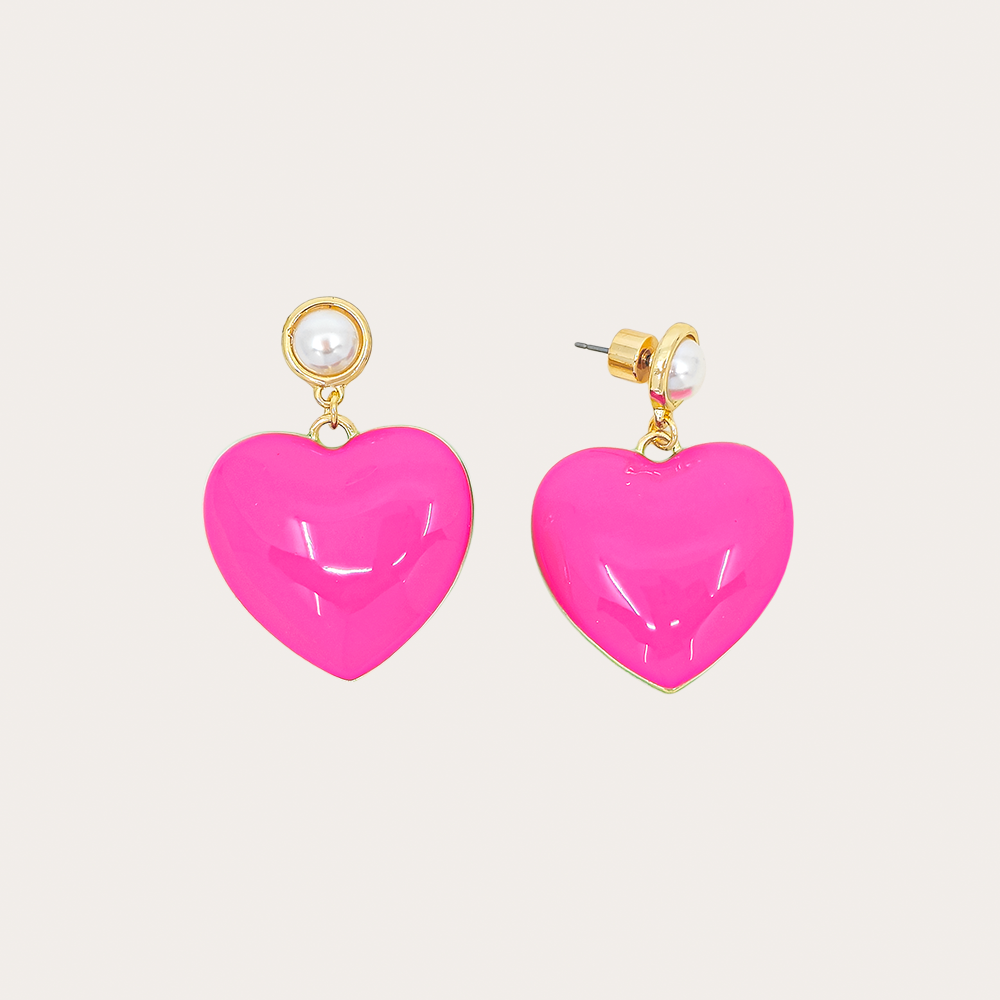 Puffy Heart Drop Earrings with Pearl Stud – Statement Dangle Earrings