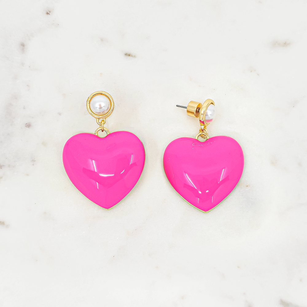 Puffy Heart Drop Earrings with Pearl Stud – Statement Dangle Earrings