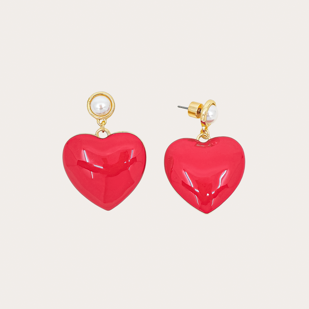 Puffy Heart Drop Earrings with Pearl Stud – Statement Dangle Earrings