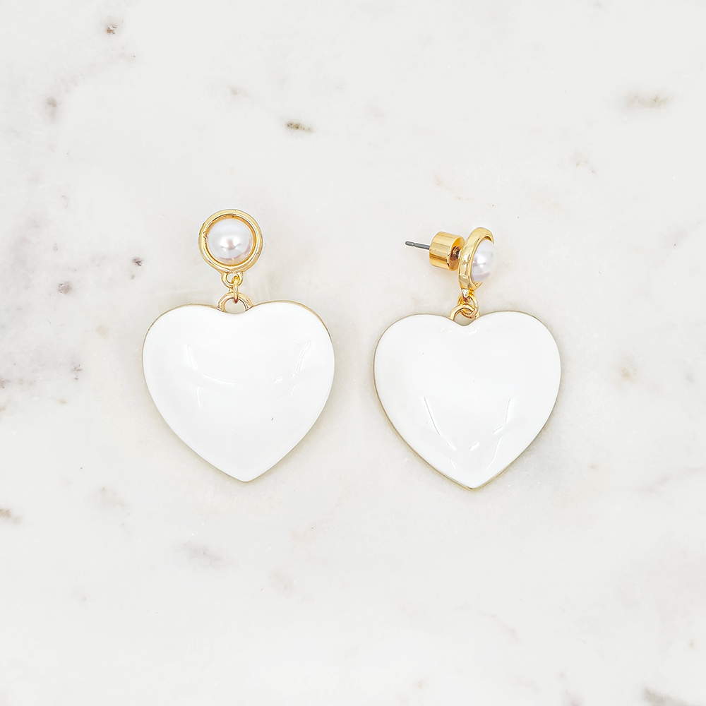 Puffy Heart Drop Earrings with Pearl Stud – Statement Dangle Earrings