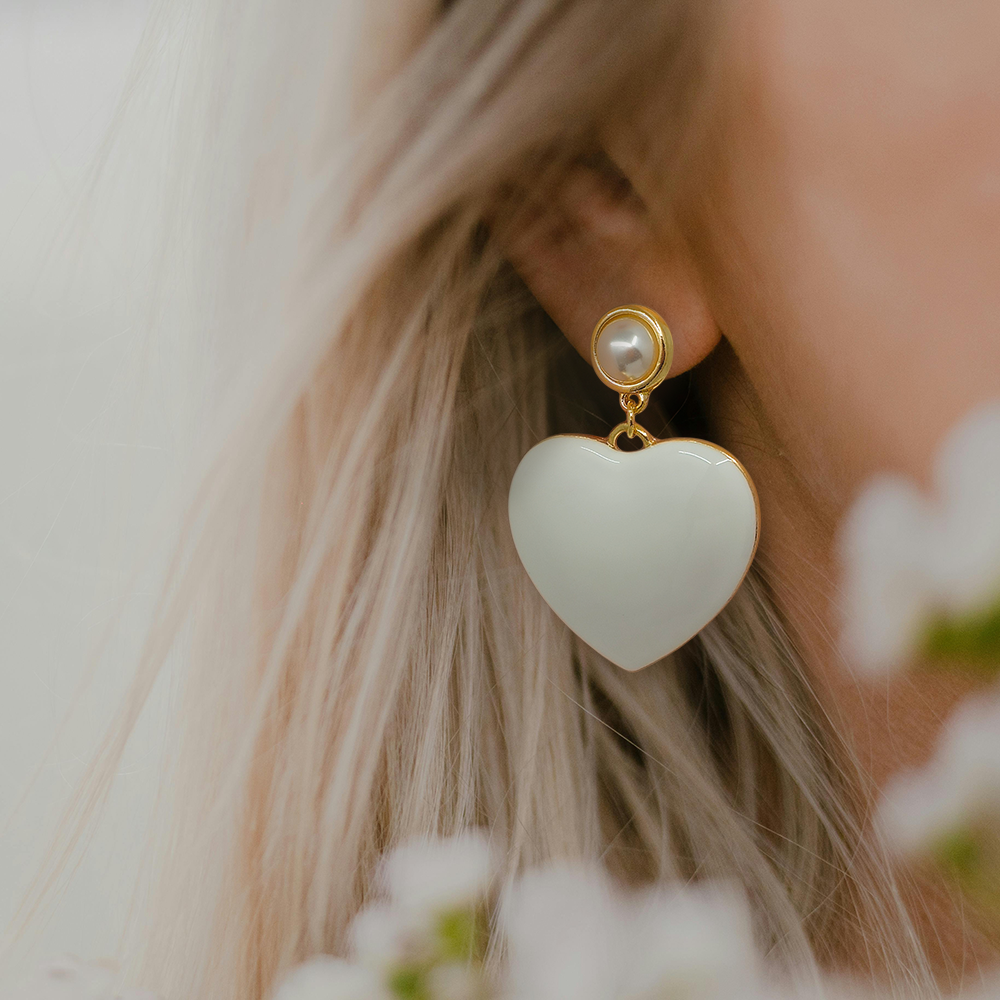 Puffy Heart Drop Earrings with Pearl Stud – Statement Dangle Earrings