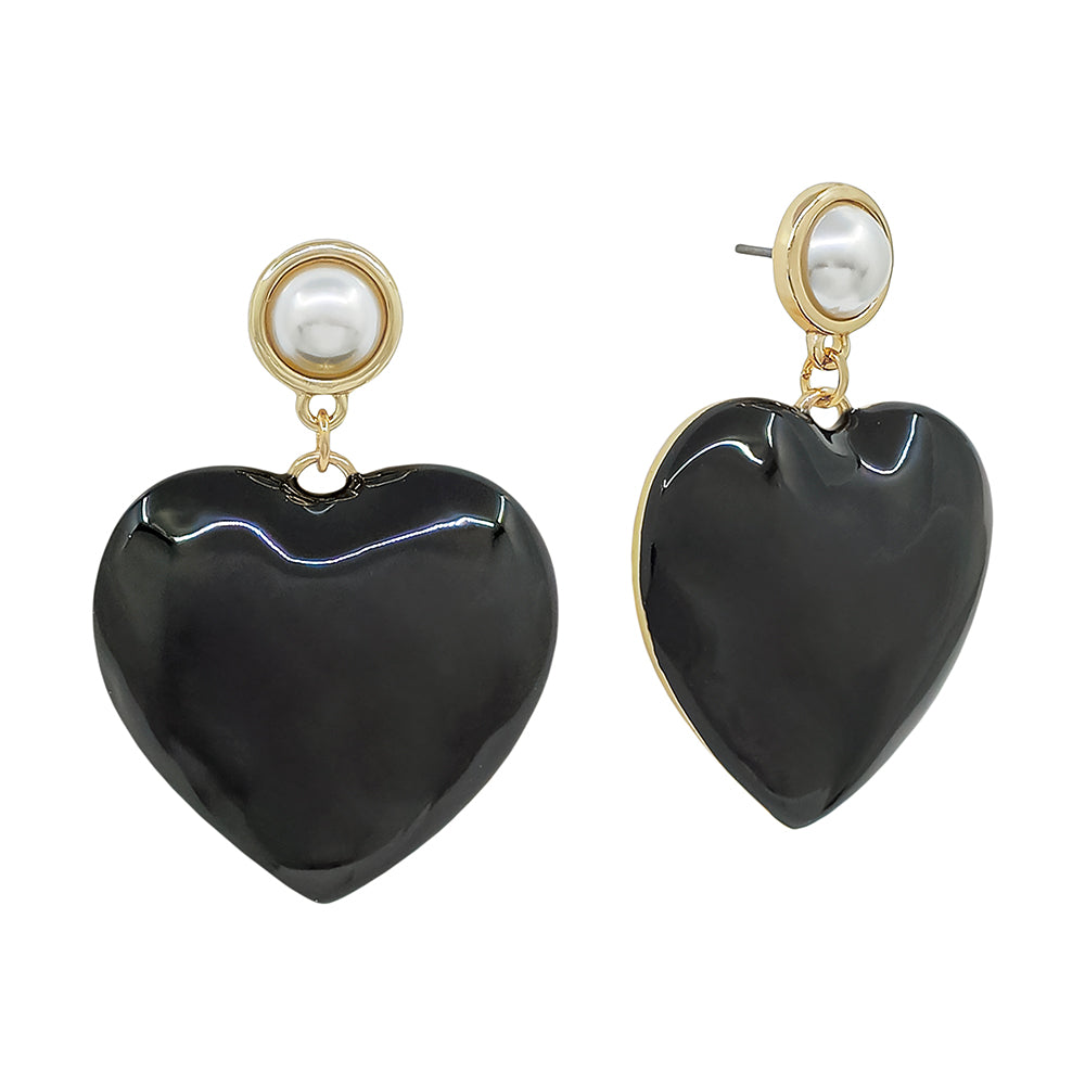 Puffy Heart Drop Earrings with Pearl Stud – Statement Dangle Earrings