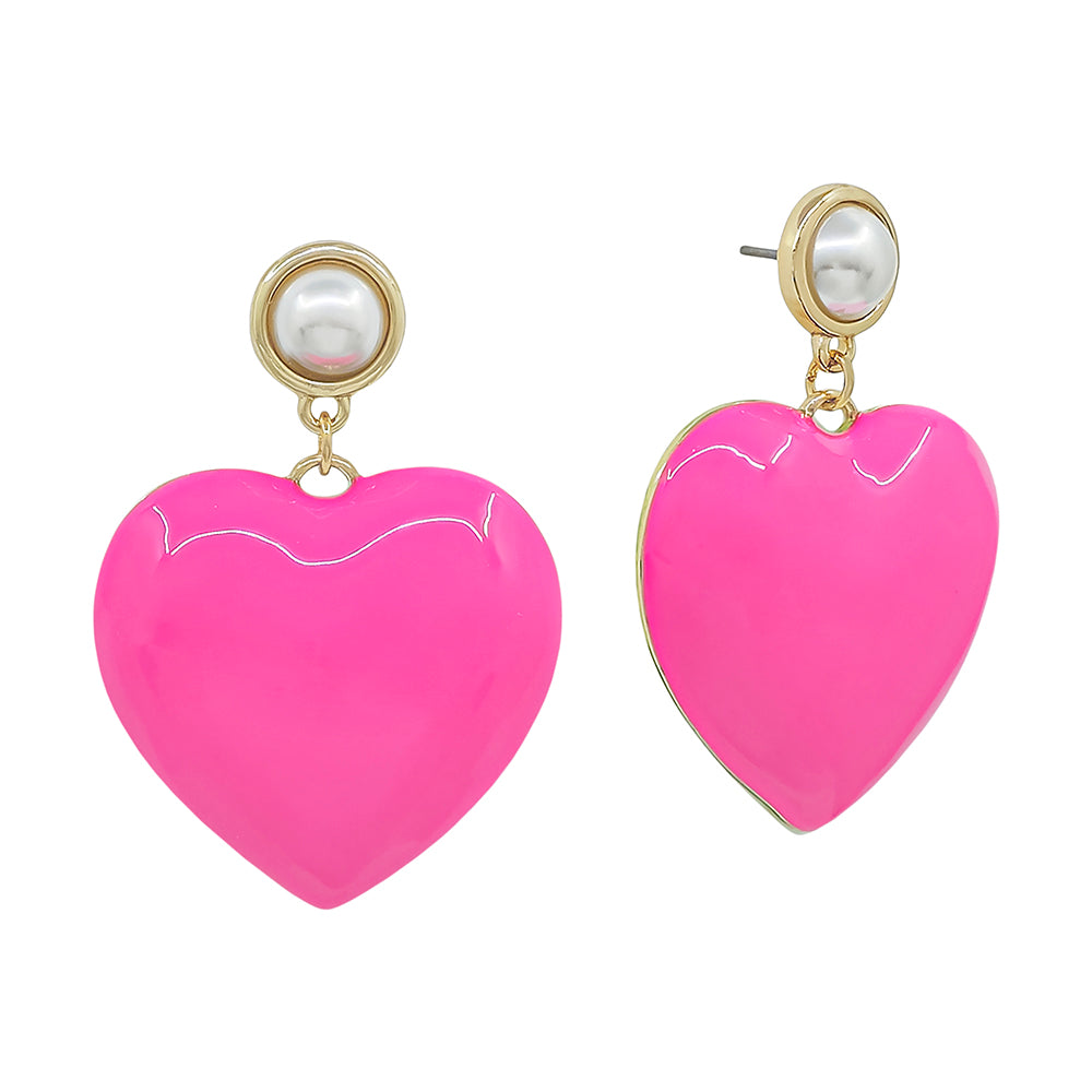 Puffy Heart Drop Earrings with Pearl Stud – Statement Dangle Earrings