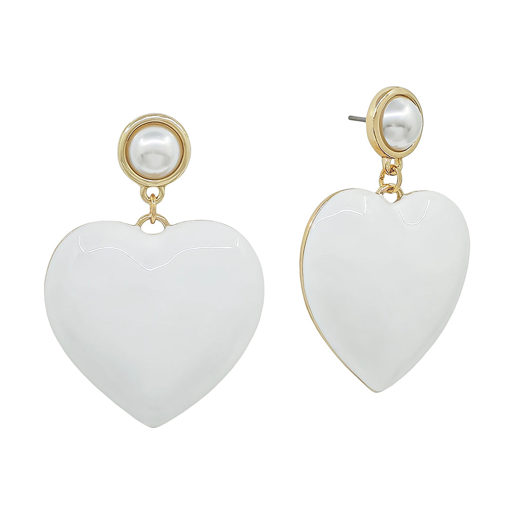 Puffy Heart Drop Earrings with Pearl Stud – Statement Dangle Earrings