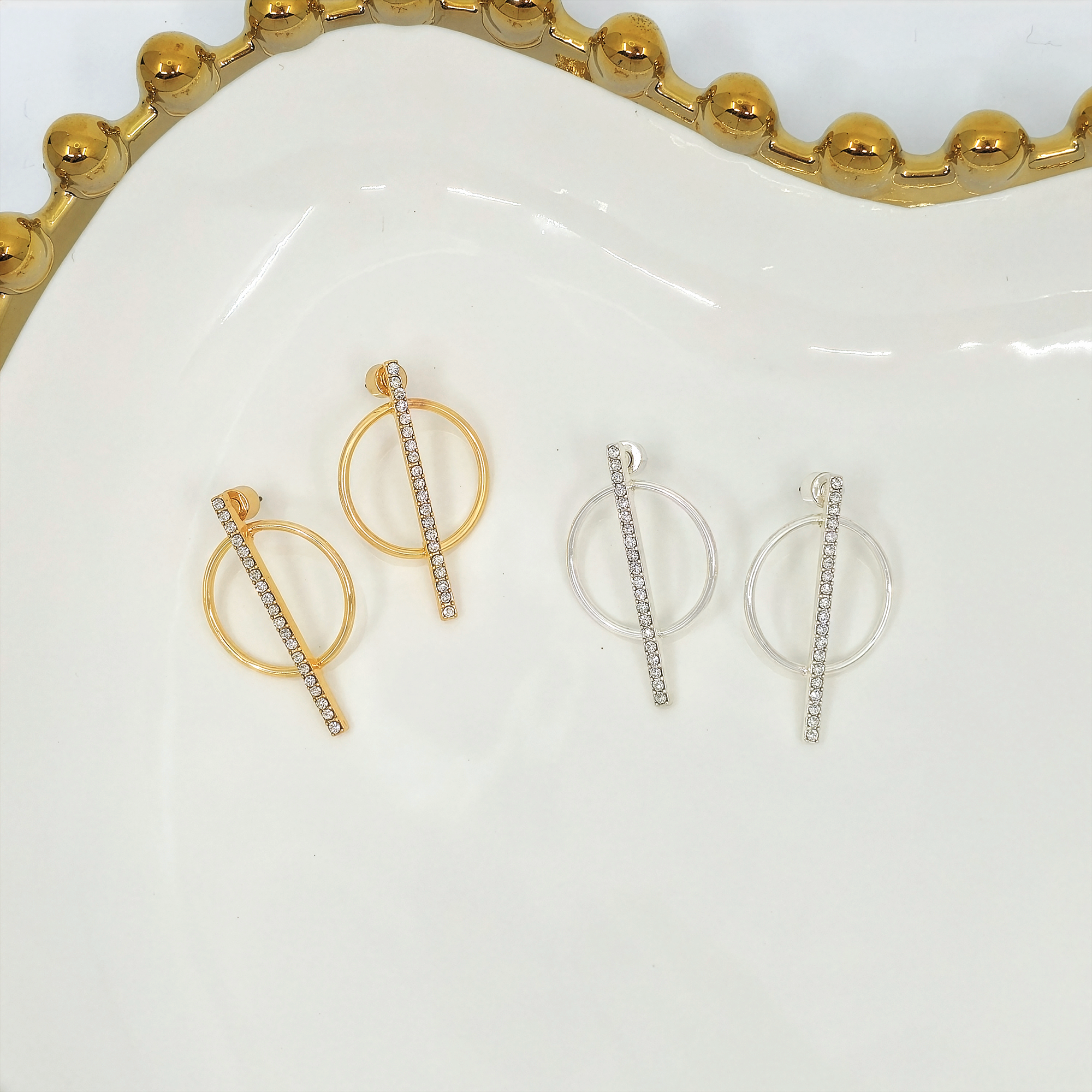 Crystal Pavé Geometric Circle Bar Drop Earrings