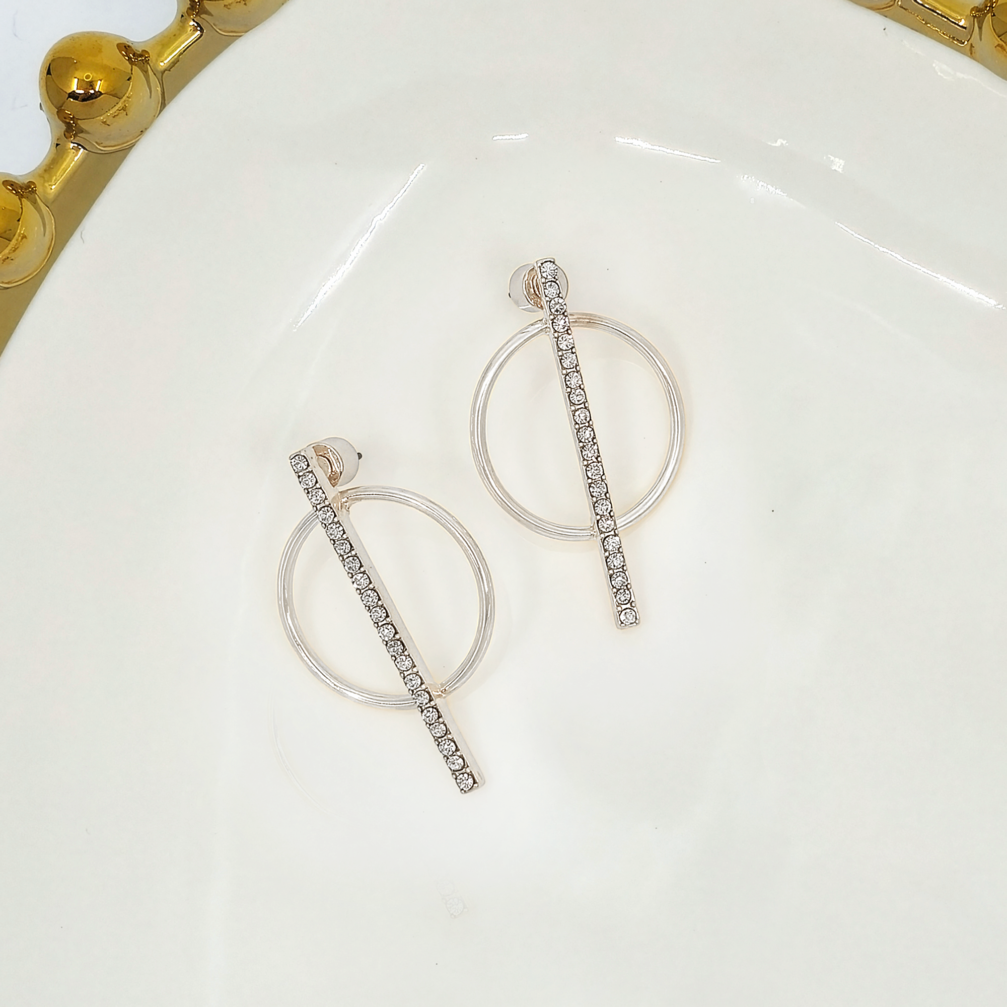 Crystal Pavé Geometric Circle Bar Drop Earrings