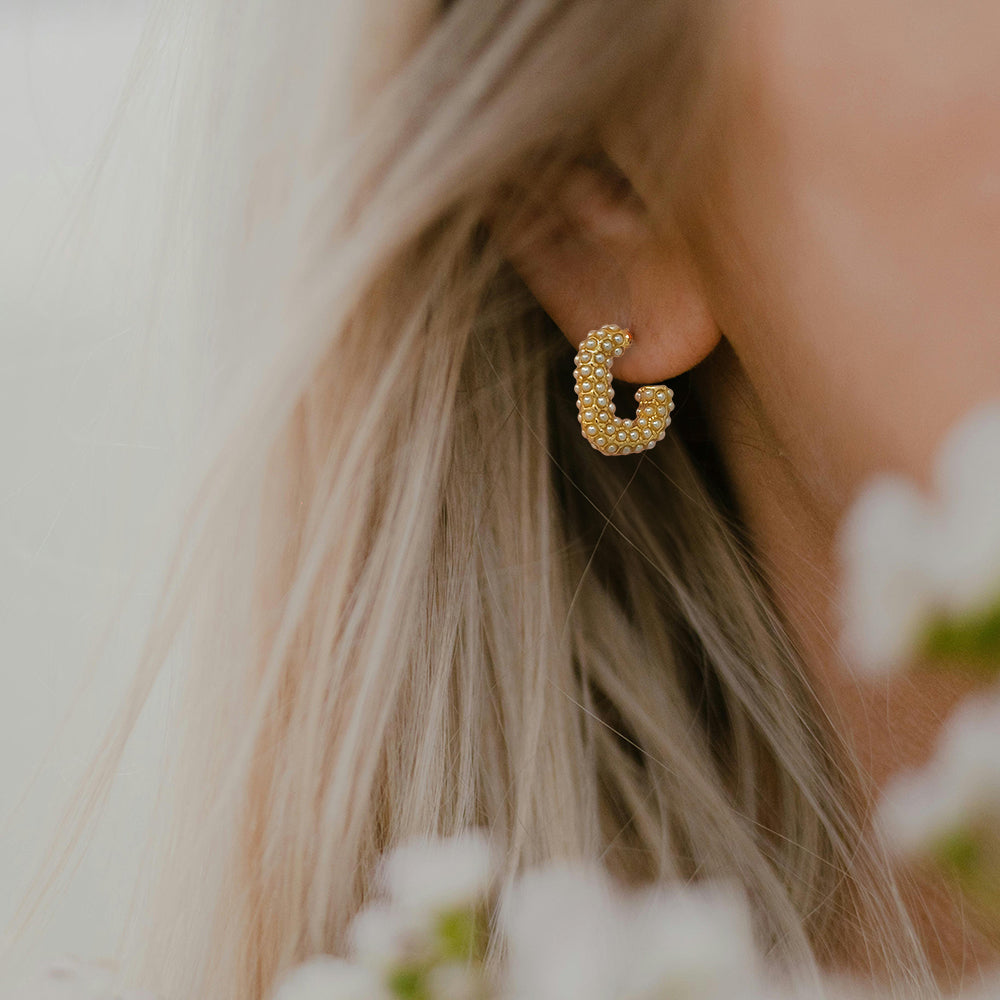 Gold Hoop Earrings with Pearl Accents