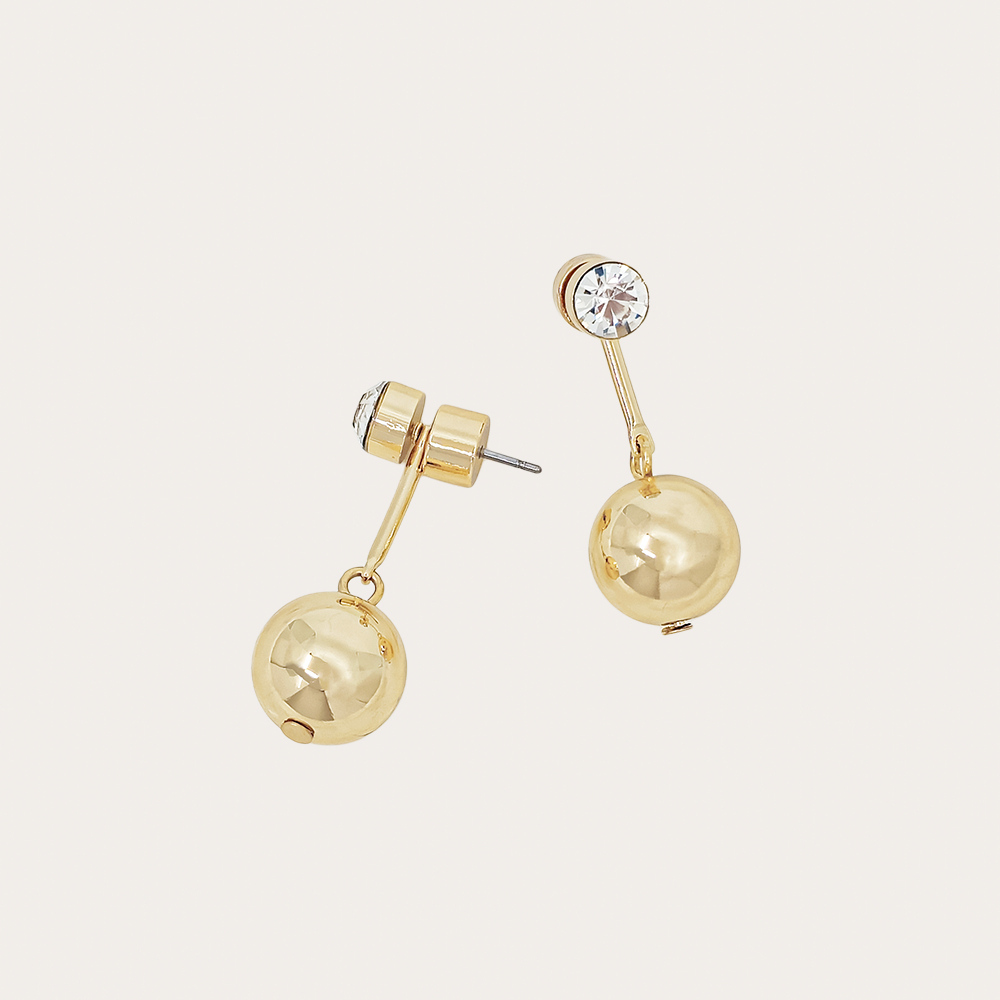 Gold Drop Earrings with Clear Crystal Stud and Polished Sphere Charm