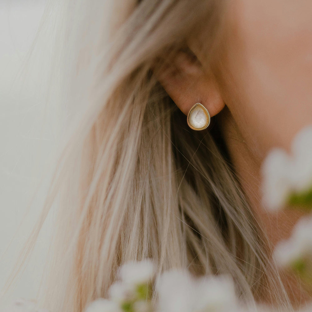 Gold Teardrop Stud Earrings with Clear Faceted Stone