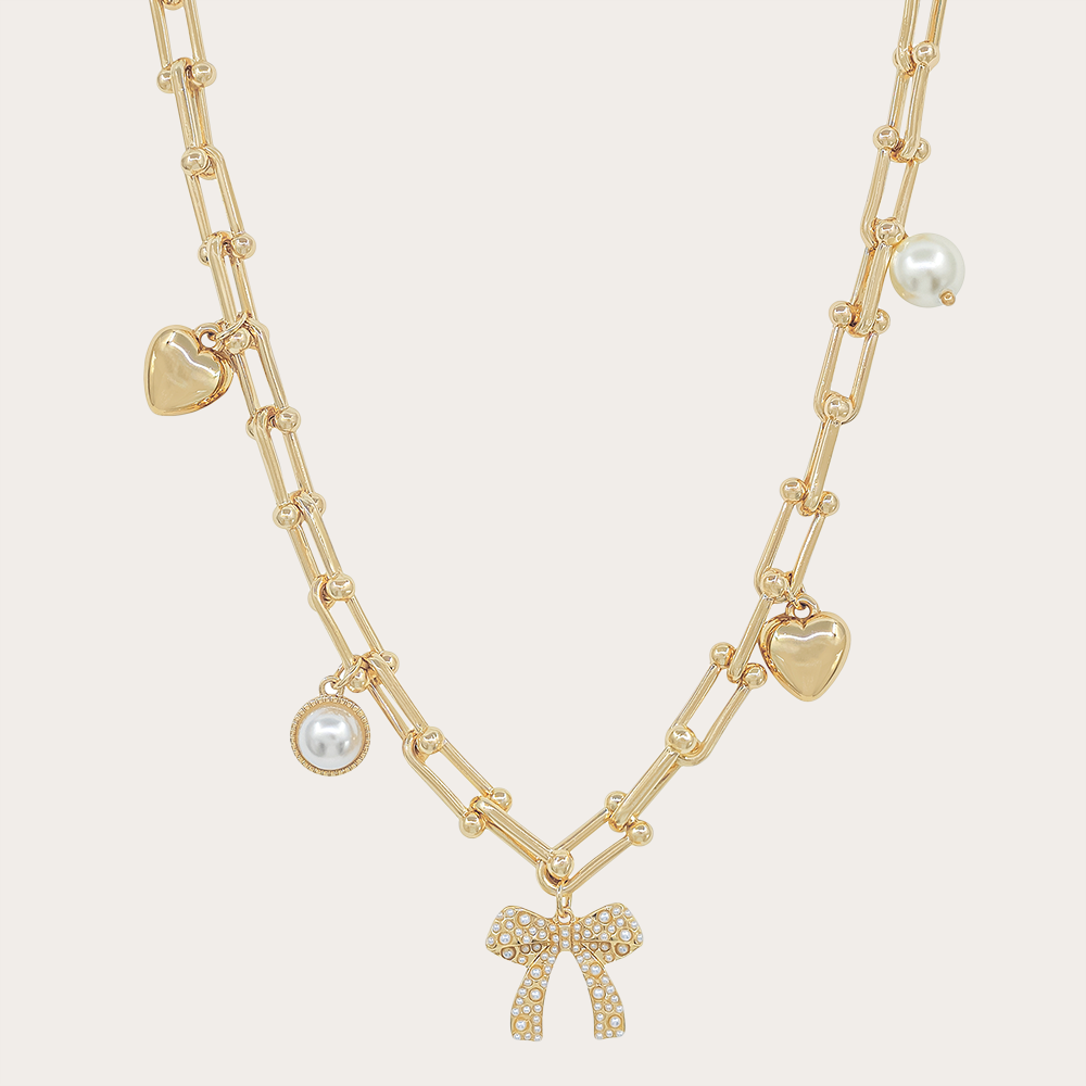 Bow Charm Layered Pearl & Heart Dangle Accents Necklace