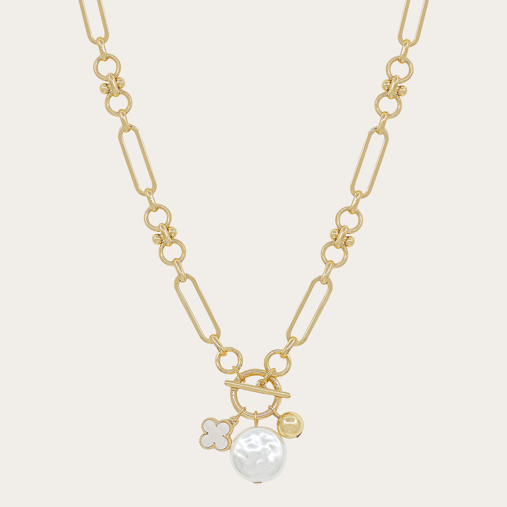 Pearl, Clover & Ball Accents Charm Toggle Chain Necklace,